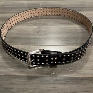 Extra long black leather belt with Swarovski crystal studs along the belt.